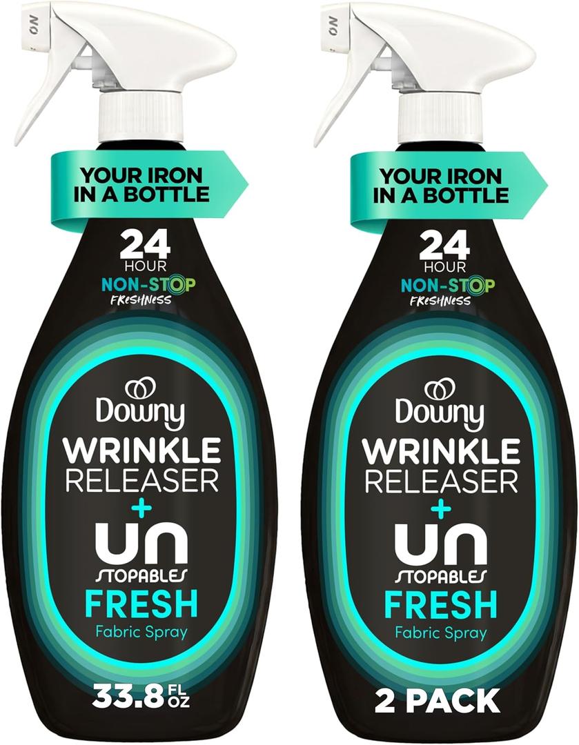 Downy Wrinkle Releaser Spray, All In One Wrinkle Release Spray, Odor Eliminator, Static Remover, Fabric Refresher & Ironing Aid for Clothes, 33.8 Fl Oz (Pack of 2), Unstopables Fresh Scent