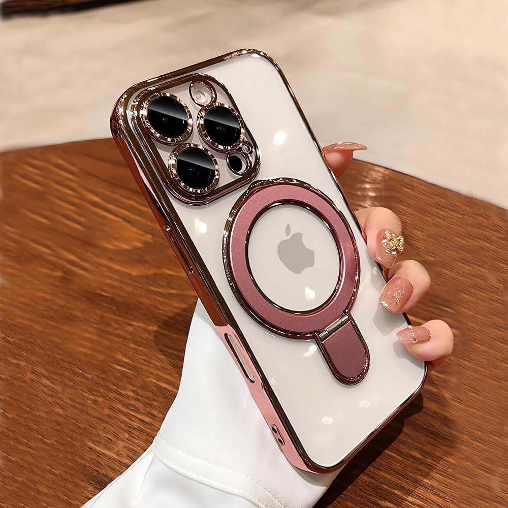 QSIETSPY Magnetic Case for iPhone 14 Pro with Invisible Stand [Military Drop Protection][Compatible with MagSafe] Full Camera Protection Clear Soft TPU for iPhone 14 Pro Case 6.1 Inches-Pink
