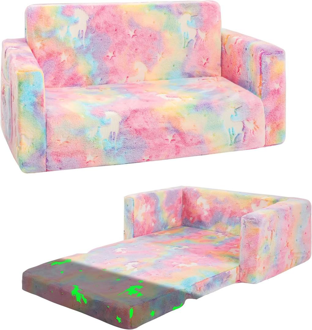 Toddler Chair Comfy, 2-in-1 Soft Toddler Couch Fold Out for Kids, Convertible Sofa to Lounger, Gift for Girls and Boys Birthday, Unicorn, Large
