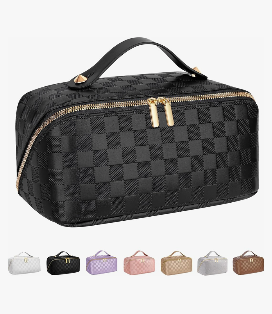 ALEXTINA Travel Makeup Bag,Large Capacity Vegan Leather Cosmetic Bags for Women,Waterproof Portable Pouch Open Flat Toiletry Bag Make up Organizer with Fixed Divider