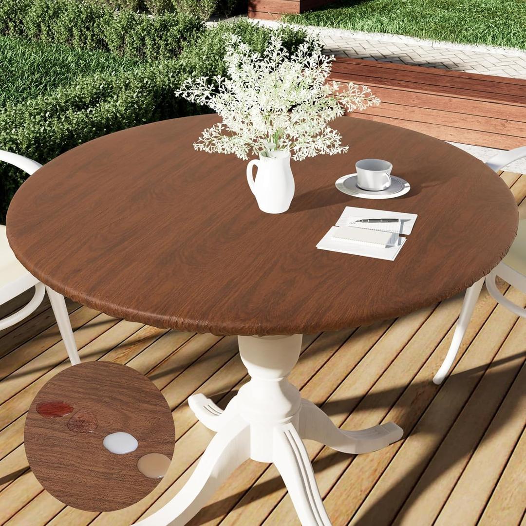 Smiry Round Picnic Tablecloth, Waterproof Elastic Fitted Table Covers for 45" - 56" Tables, Wipeable Flannel Backed Vinyl Tablecloths for Camping, Indoor, Outdoor, Brown