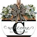 Last Name Round Front Door Wreath Decor for All Seasons, 26 Initial Letter Wreaths for Front Door Porch Welcome Garland and Eucalyptus Hanging Gift for Farmhouse Welcome Sign (C) (12*12IN)