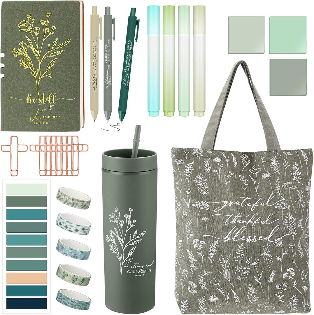 Patelai 29 Pcs Bible Study Supplies Journaling Kit with Easter Christian Cup Tote Bag for Women Gifts Set Friend Sister Mom Church Mother's Day Birthday Gifts(Green)
