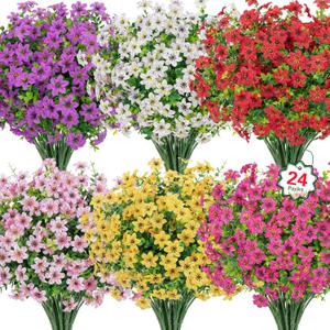 Ouddy Decor 24 Bundles Artificial Flowers for Outdoors Fake Silk Flowers Faux Plastic Plant UV Resistant for Spring Summer Porch Garden Yard Planter Wedding Indoor Outdoor Home Decoration, Multicolor