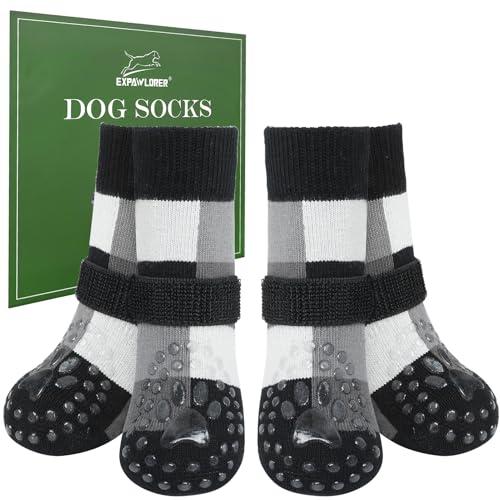 EXPAWLORER Dog Socks to Prevent Licking Paws, Winter Snow Dog Boots & Paw Protectors, Color Block Non Slip Doggie Grippy Booties Shoes for Hardwood Floors for Small Medium Large Senior Dogs Black M