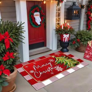 Tinideya 2 Pcs Christmas Door Mat Outdoor Whimsical Xmas Tree Front Doormat Nonslip Red and White Buffalo Plaid Layered Linen Rubber Xmas Rugs Merry Christmas Decor for Front Porch Entryway Outside