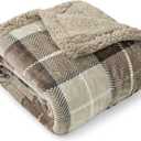Pavilia Taupe Plaid Sherpa Throw Blanket - Plus Plush Flannel Fleece Blanket - Warm Cabin Sofa Bed Winter Throws 50x60