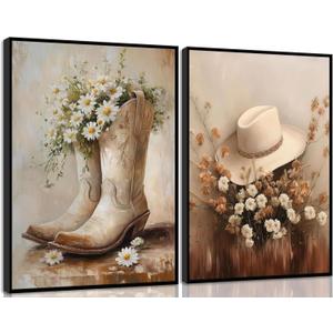 2pcs Vintage Western Cowgirl Canvas Wall Art daisy Cowgirl Boots & Hats Posters Rustic Farmhouse Pictures Trendy Preppy Dorm Room Wall Decor Western Floral Painting Country Style Prints (Unframe) 12x16in and 16x24in