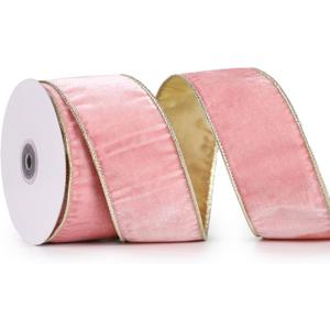 Pink Velvet Ribbon Wired 2.5" x 10 Yards Pink Christmas Wired with Gold Backside, Christmas Tree Ribbon for Wreaths, Bows, Crafts, Home Decor, Gift Wrapping