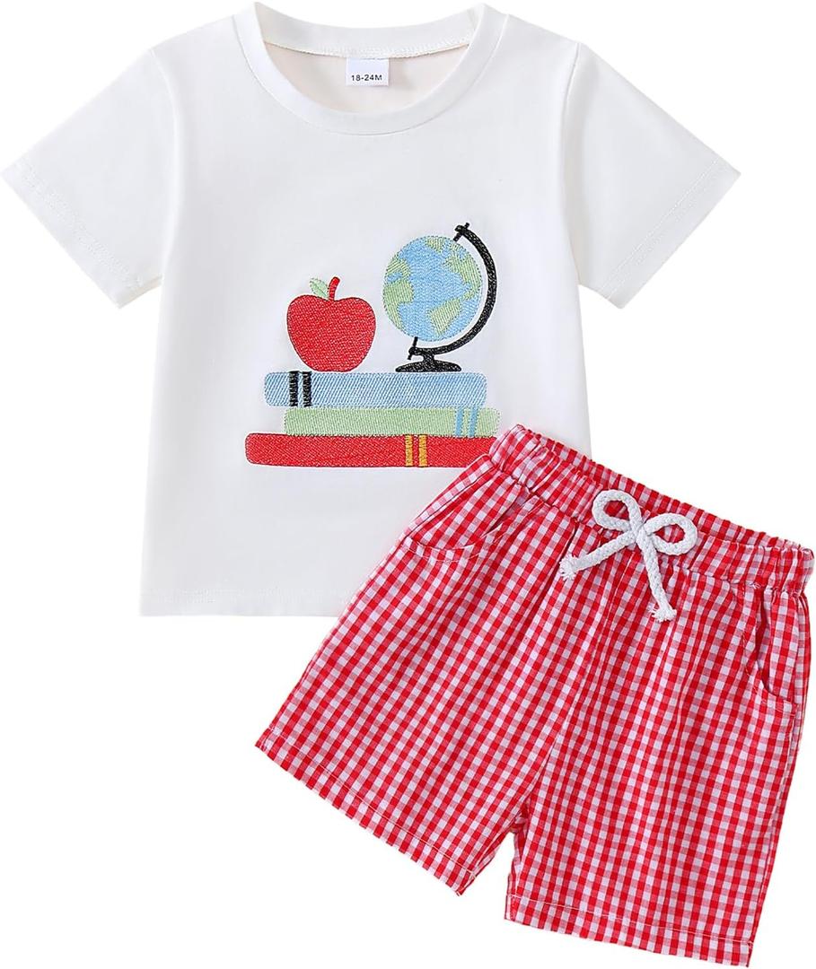 Toddler Boy Back to School Outfit First Day of School Shirt+Striped Shorts Summer Clothes Set (White)
