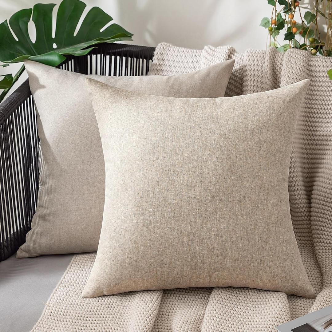 MIULEE Pack of 2 Decorative Outdoor Solid Waterproof Throw Pillow Covers Faux Linen Garden Farmhouse Cushion Cases for Patio Tent Balcony Couch Sofa 16x16 Inch Beige