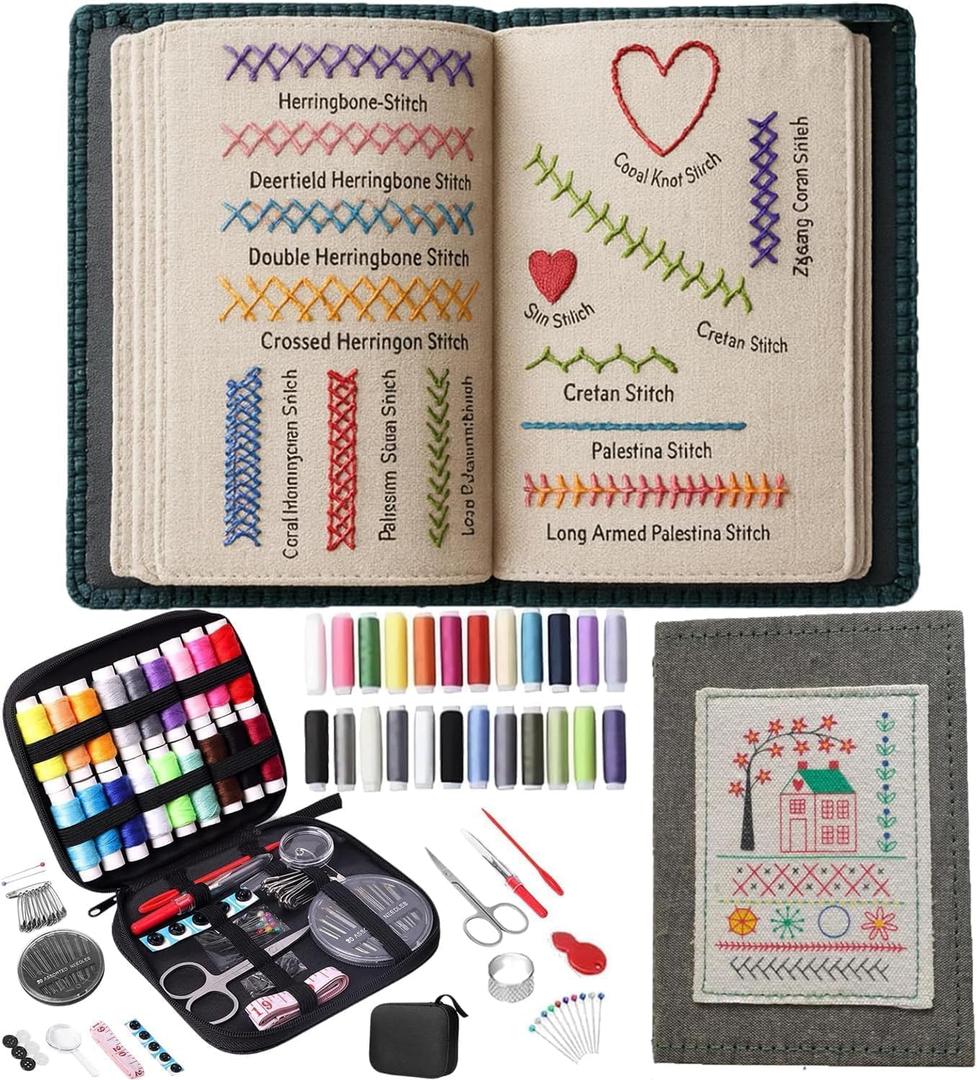 New Embroidery Stitch Book Kit for Adults & DIY Craft Lovers,Portable Embroidery Kit for Beginners Enthusiasts,Includes Guide to 106 Patterns with Tools & Tutorials and 86-Piece Sewing Tool Kit(1 Set)