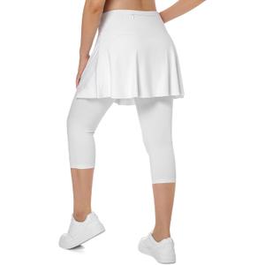 ANIVIVO Skirted Leggings for Women with Pockets, Tennis Yoga Pleated Skirt with Leggings (Large, White Capris Skirts)