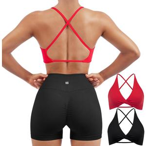SUUKSESS Women 2 Piece Open Back Strappy Sports Bra Pack Twist V Neck Workout Crops, Small
