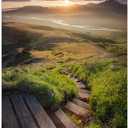 Mountain Sunset Lake Wall Decor: Landscape Picture Sunrise Grass Artwork Stair Painting for Bedroom House 16x12 Inch
