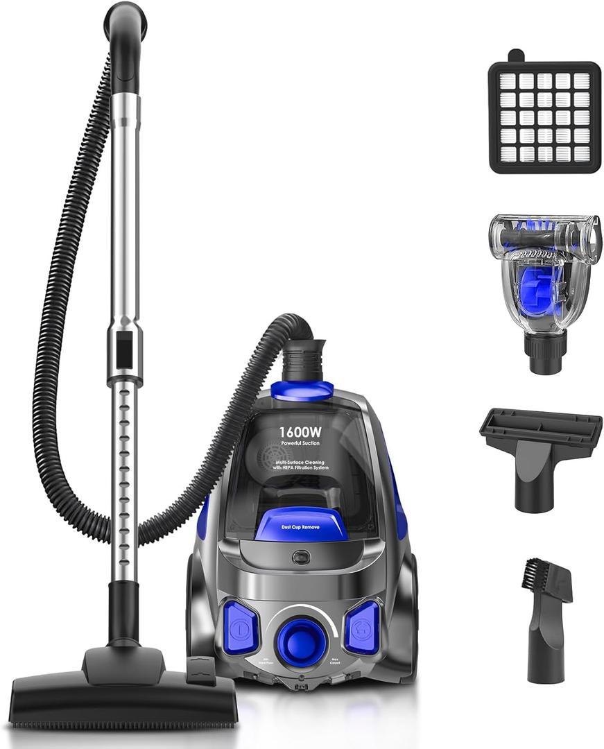 32Kpa 1600W Canister Vacuum Cleaner(Energy Class A), Cyclon Power, Dust Full Indicator, Double HEPA Filter, 3.7Qt Large Capacity, Lightweight Vac for Hard Floors, Carpets, Pet Hair, Blue