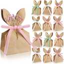 Affrolling 24 Set Boho Bow Easter Bunny Party Favor Bags DIY Bunny Gift Boxes with Neutral Bow Ribbon and Artificial Flowers Rustic Paper Rabbit Ears Treat Bags Bulk for Easter Farmhouse Spring