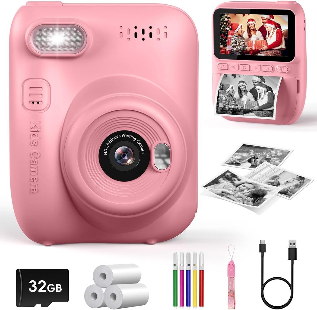 Kids Instant Print Camera, 3.0-inch HD Screen 32MP Photo Instant Digital Camera Christmas Birthday Gifts Toys for Children Girls Boys Age 3-12 - Pink