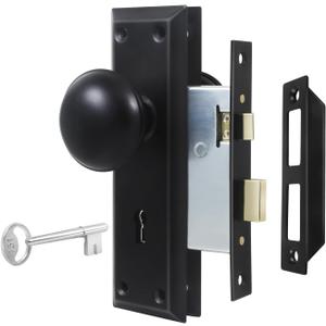 Mortise Lock Set for Interior Door, Vintage Old Door Knobs with Lock and Skeleton Key, Antique Door Knobs Matte Black Finish