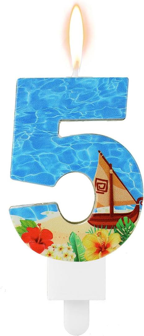 2 x Birthday Number Candle, Beach Theme Birthday Party Candle Sailing Boat Birthday Party Decoration Paraffin Blue Sea Number Candles for Cake Topper for Wedding Summer Party (Number 5)