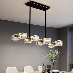 Modern Crystal Chandelier for Dining Room,Black and Gold Pendant Lights Fixture with 8-Lights,Adjustable Height Hanging Ceiling Light for Kitchen Island,Bedroom,Over Table,Living Room