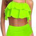 Tempt Me Women Two Piece Swimsuits High Waisted Bikini Teen Ruffle Tummy Control Bottoms Halter Bathing Suits (Large, Neon Green)