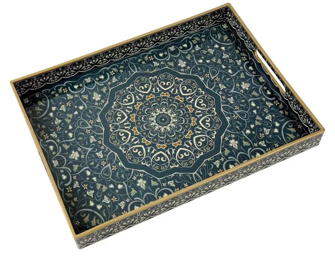 Plastic Serving Tray with Handles,Large Ottoman Tray for Living Room,Large Rectangle Trays for Ottoman Coffee Table,Decorative Blue Boho Serving Trays for Home Decor,16" x 12"