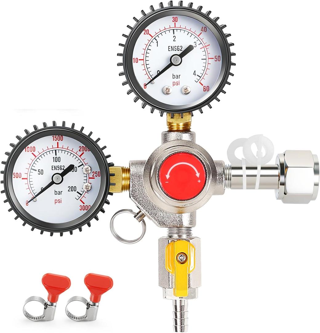 Kegerator Co2 Regulator, CGA-320 Kegerator Gauge Beer Keg Co2 Regulator with Safety Relief Valve, Co2 Tank Regulator Kegerator Regulator with Hose Clamps for Co2 Cylinder Tank