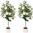 Yepdin 47 inch Artificial Camellia Tree with White Flower Pots -2 Pack White Fake Tree,4 Ft Faux Plants Indoor wich Blooming,Artificial Plants for Indoor & Outdoor Home Front Door Decor