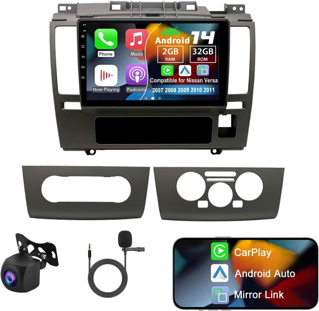 Android 14 Double Din Car Radio Compatible with Nissan Versa 2007 2008 2009 2010 2011, 2G+32G 9" Touch Screen Car Stereo with Wireless Carplay Android Auto GPS WiFi Mic Backup Camera