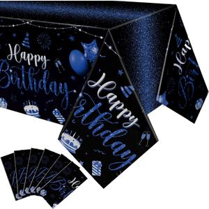 Tudomro 6 Pcs Happy Birthday Tablecloths Happy Birthday Party Decorations Plastic Table Cover Rectangular Cloths for Women Men Baby Shower Party Supplies, 108 x 54 Inch (Black Blue)