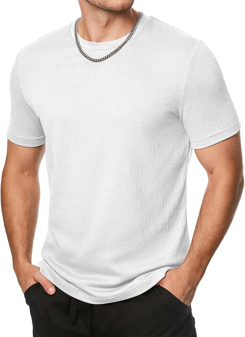 JMIERR Mens T-Shirt Short Sleeve Muscle Textured Knit Crewneck Slim T Shirt Gym Workout Athletic Tee Shirts (White, M)
