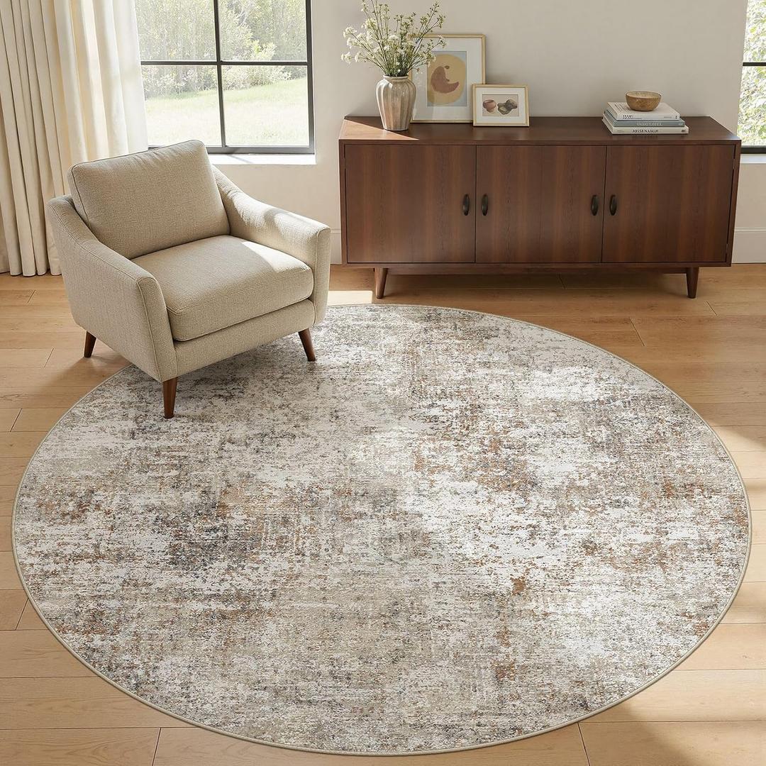 6FT Round Area Rugs for Living Room: Washable Large Neutral Abstract Circle Rug Soft Non Slip Stain Resistant Low Pile Indoor Carpet for Bedroom Dining Room Nursery Office Playroom - Brown Grey