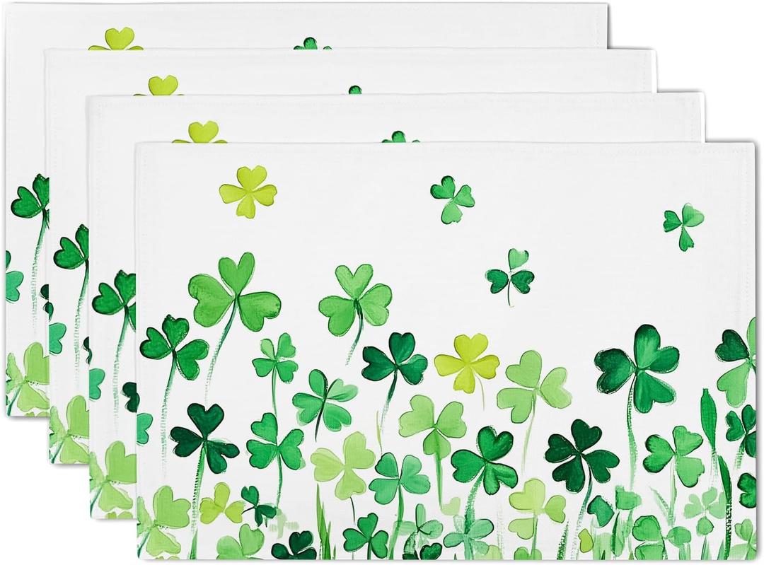 St. Patrick's Day Placemats Set of 4 Farmhouse Table Decor Green Shamrocks Place Mats 12 x 18 Inch Waterproof Lucky Clover Leaves Heat Resistant Linen St. Patrick's Table Mats for Home Kitchen Dining