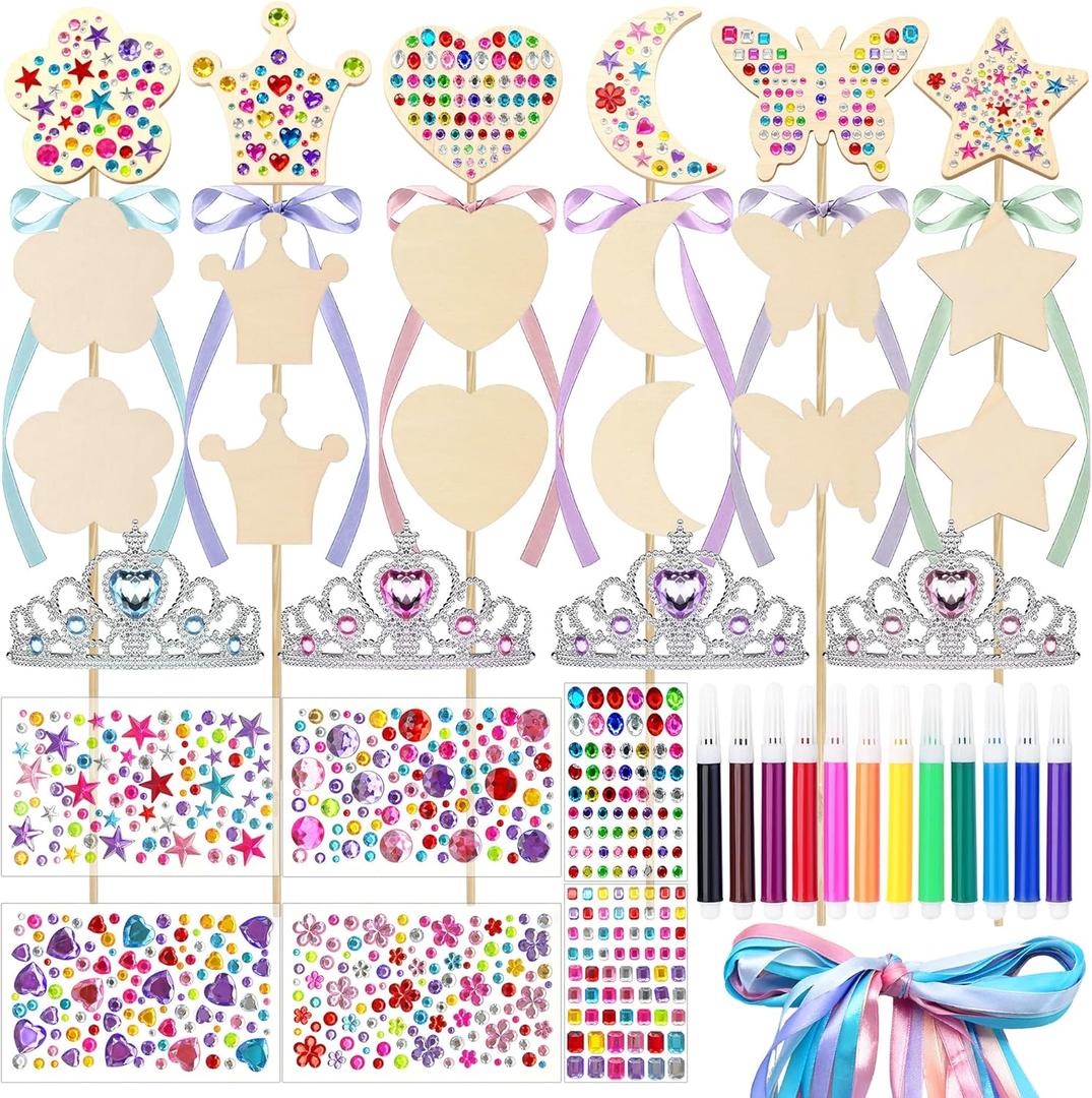FEMBW 58PCS DIY Princess Fairy Wand Kit  18 Wooden Wands, 18 Ribbons, 4 Gem Crowns, 6 Sheets Stickers, 12 Markers  Star, Heart, Moon, Crown, Butterfly, Flower Shapes  Birthday Craft Gift for Girls