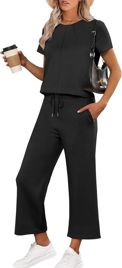 ANRABESS Women's 2 piece Outfits Lounge Sets Summer Casual Short Sleeve Tops Wide Leg Pants Sweatsuits Tracksuit Sets 1517heise-M, Medium, Black
