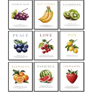 9Pcs Fruit of the Holy Spirit Wall Art Bible Verse Canvas Poster Print Inspirational Fruit Painting Pictures Christian Wall Decor for Bedroom Classroom School 8x10in Unframed (10L" x 8W")