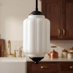 Farmhouse Pumpkin Pendant Light Vintage Milk Glass Shade, Brass Color Adjustable Canopy, Retro Industrial Glass Ceiling Light Fixture for Dining Room, EntrywayKitchen Island (Black White)