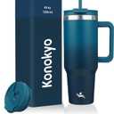 40 oz Tumbler with Handle and 2 Straws,2 in 1 Lid Insulated Water Bottle Stainless Steel Travel Coffee Mug,Indigo Black