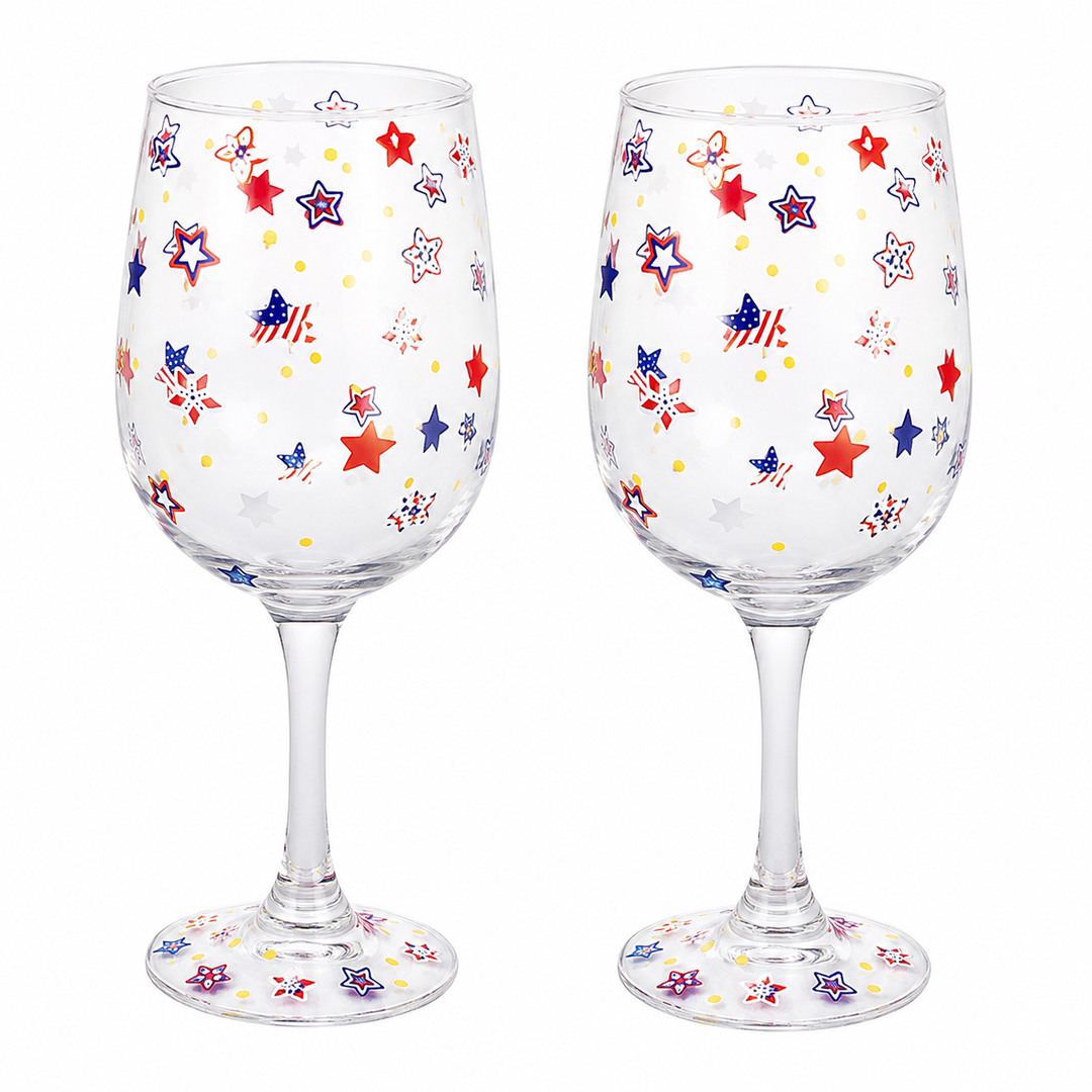 SiliFine 2Pcs Patriotic Party Stemmed Wine Glasses Hand Painted USA Red White Blue Star Drinking Cup Wine Glasses Gifts for Patriot Day Veterans Day Theme Holiday Party Supplies