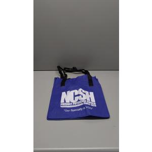 12 small tote bags, white logo, black straps