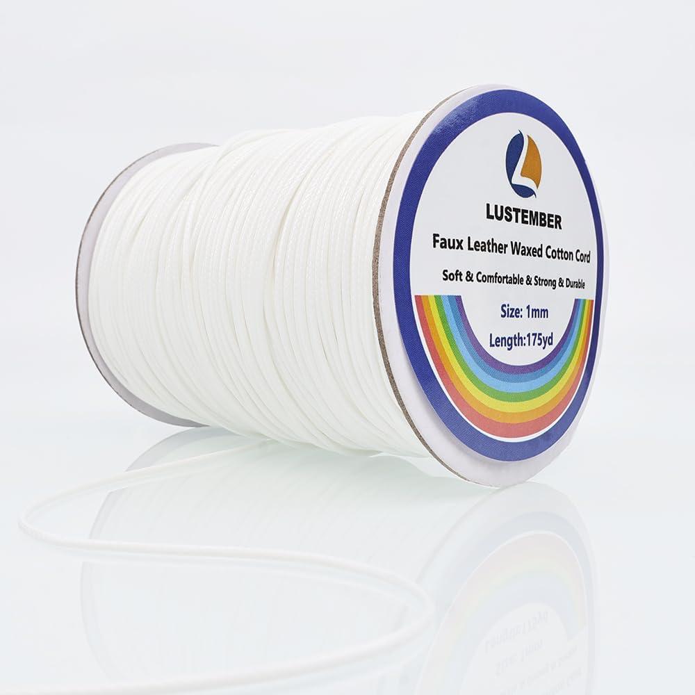 LUSTEMBER 1mm Faux Leather Waxed Cotton Cord, 175 Yards  Durable Necklace String, Soft and Textured Cord for Necklaces, Bracelets, and Jewelry Making (White)