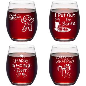 Futtumy Christmas Stemless Wine Glass Set of 4, Funny Wine Gift for Men, Women, Family, Friend, Coworker, White Elephant Gift Exchange, 15oz