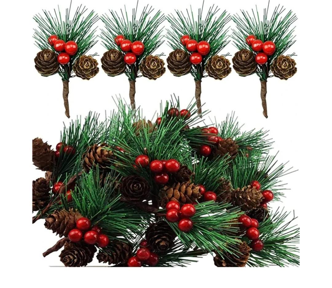 20 Pack Artificial Pine Picks Artificial Pine Cone Picks and Red Berry Mini Artificial Pine Tree for Christmas Party Flower Arrangements Wreaths and Holiday Decorations(C)