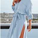 Dokotoo Womens 2024 Fashion Solid Color Button Down Long Sleeve Side Split Beach Cover Ups Shirt Dress with Pockets, M