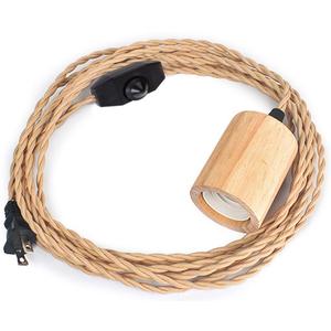 Arturesthome Wood Pendant Light Cord Kit with Dimmable Switch,16.4FT Vintage Industrial Hanging Plug in Lamp Cord with Twisted Nylon Rope Socket E26 E27 for Farmhouse Lamp Cable Retro DIY