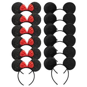 CHuangQi Mouse Ears Headband for Boys and Girls Birthday Party or Celebrations, Solid Black and Red Bow, 8pcs