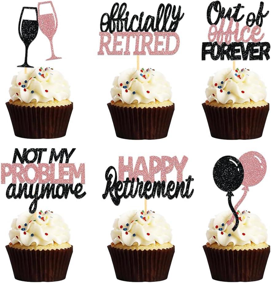 24 Pcs Happy Retirement Cupcake Toppers Officially Retired Cupcake Picks, Out Of Office Forever Retirement Theme Cake Toppers Decorations for Farewell Party Cakes (Black&Rose Gold)
