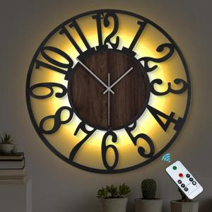 LEIKE Large Wall Clock 24'' Lighted Rustic Wood Clock with Remote Timer, Silent Battery Operated Modern Oversized Wall Clock for Living Room, Bedroom, Farmhouse, Home Decor, Large Number Display (Brown-arabic)