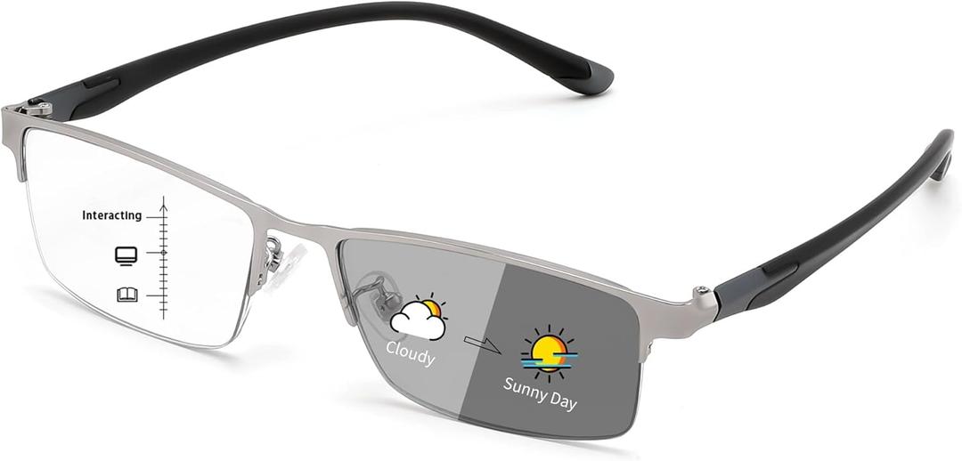 FEISEDY Blue Light Blocking Photochromic Multifocal Progressive Reading Glasses Vintage Half Frame UV400 Protection B1388